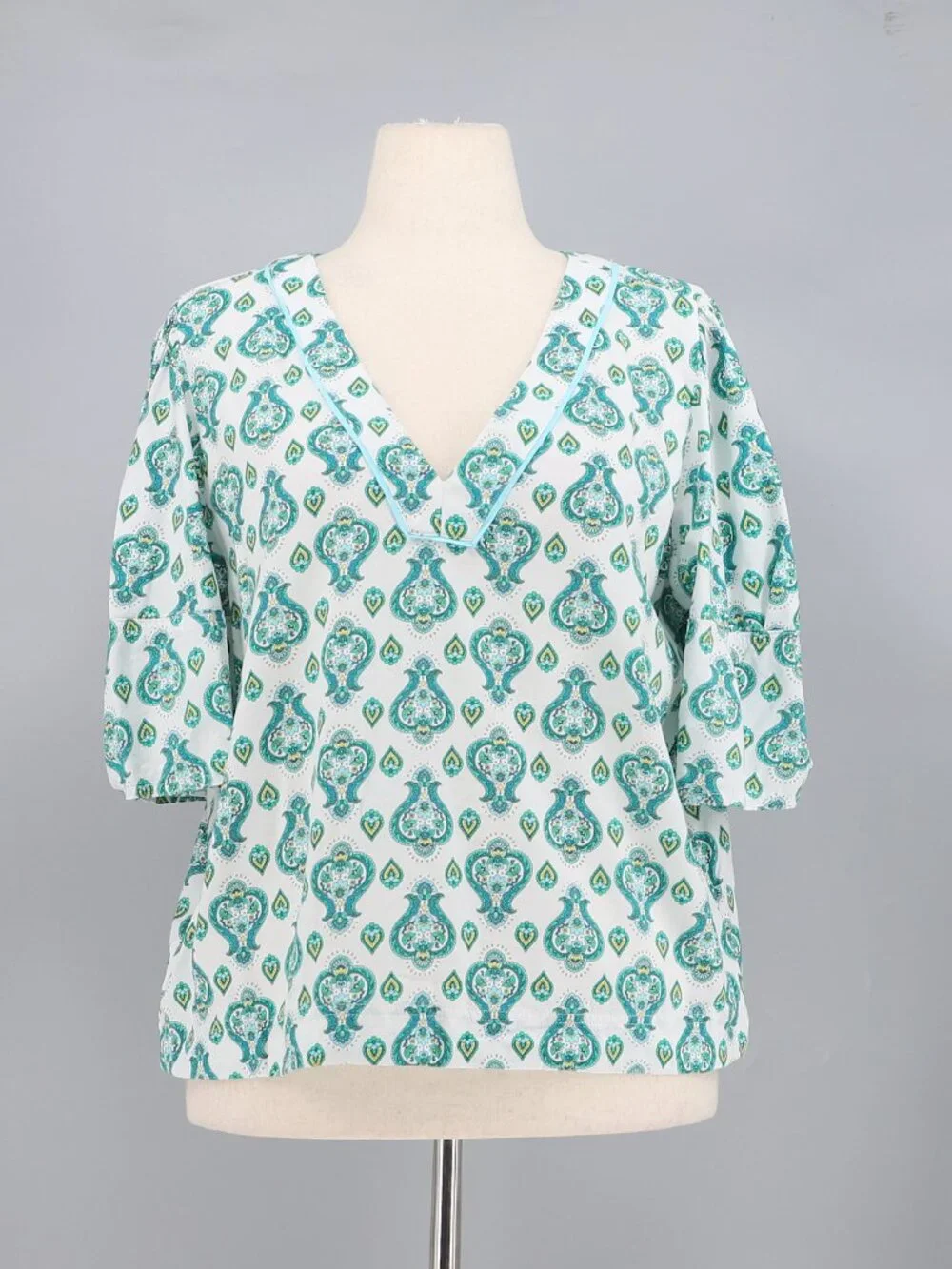 LOFT Teal Paisley Puff Sleeve V- Neck Boxy Top Size L